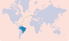 Wereldkaart met Brazilië en Nederland uitgelicht om de afstand aan te geven