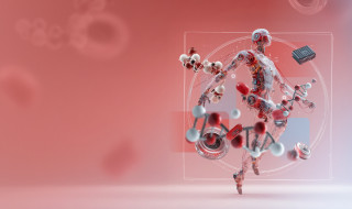 Illustration of robot with dna strands all around