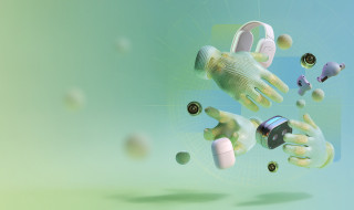 Hands with headphones and earbuds, symbolising immersive audio technologies.