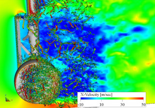 Visualisatie van wervelingen gecreëerd door een onderdeel van een landingsgestel. Simulatie uitgevoerd door TU Delft.