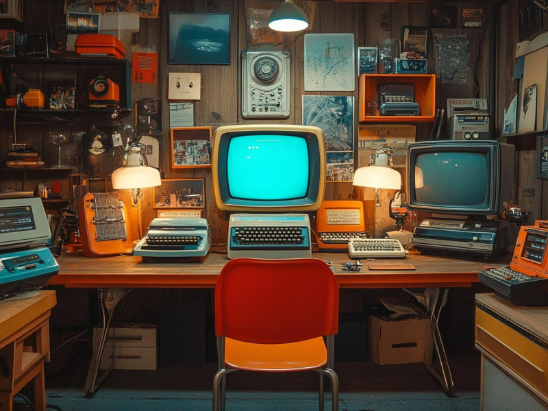 ai beeld van bureau met vintage computers en faxen