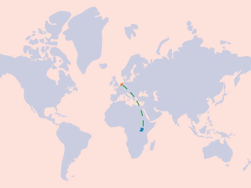 Kaart van de wereld met daarin Nederland en Oeganda uitgelicht en verbonden via een stippelijn